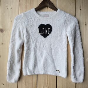 Guess White Fuzzy Soft Sweater Black Heart Girls Size 6